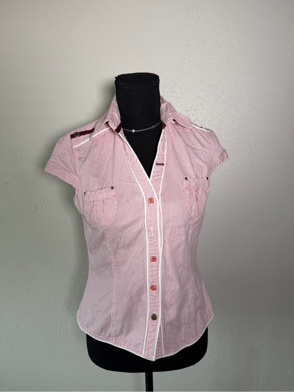 Women’s Pink Stripe Button-Front Cap Sleeve Shirt